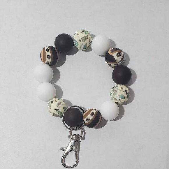 Handmade Coffee Lover Silicone Bead Keychain Bracelet – Stretch Wristlet with Cl - Picture 1 of 3